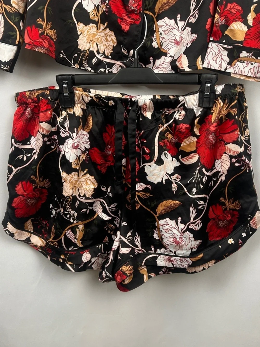 Stars Above Black Floral Satin Pajama PJ Set with Red and Pink Bloom Flowers XL